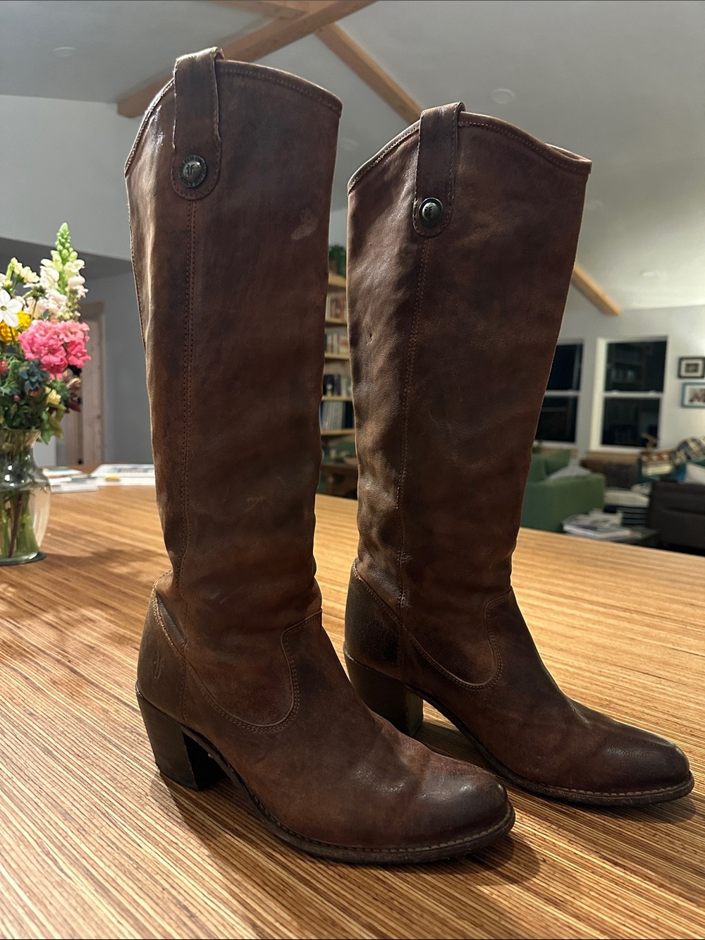 Frye Chestnut Brown Leather Boots with Block Heel